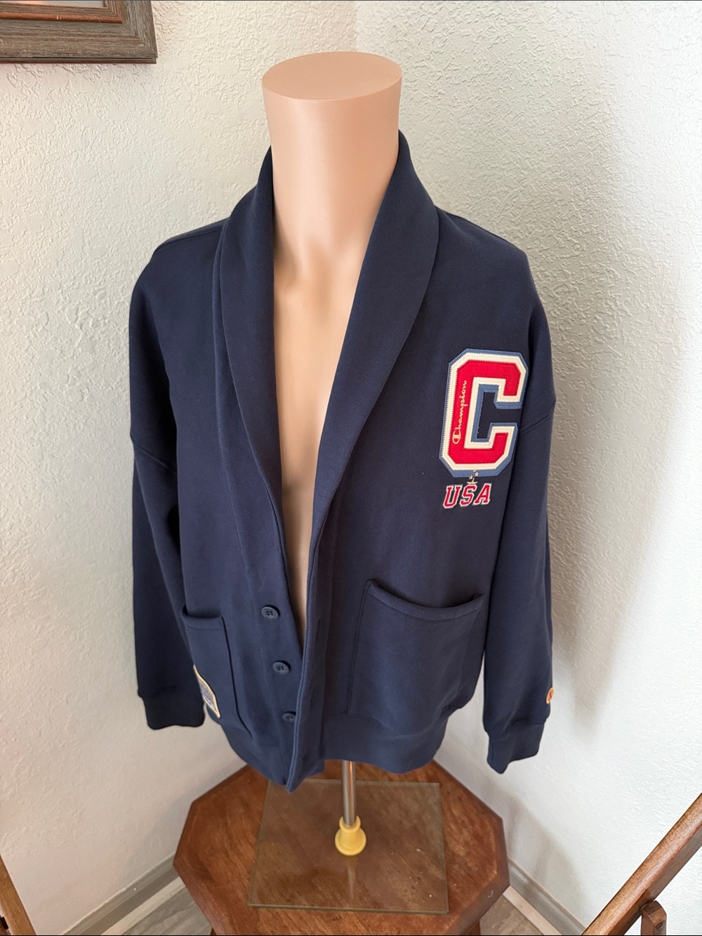 Champion Navy Bomber-Style Shawl Collar Jacket with Red USA Patch Varsity usmnt